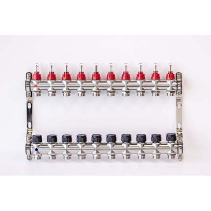 Varmego ® Razdelnik&Sabirnik INOX 304 BAMBOO-Priključak napajanja 1ˮ-Priključak razvoda 3/4ˮ [Merač protoka 0-5L/min+Termostataski ventil] Sa nosačem/10 grejna kruga