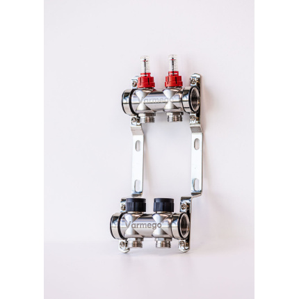 Varmego ® Razdelnik&Sabirnik INOX 304 BAMBOO-Priključak napajanja 1ˮ-Priključak razvoda 3/4ˮ [Merač protoka 0-5L/min+Termostataski ventil] Sa nosačem/2 grejna kruga