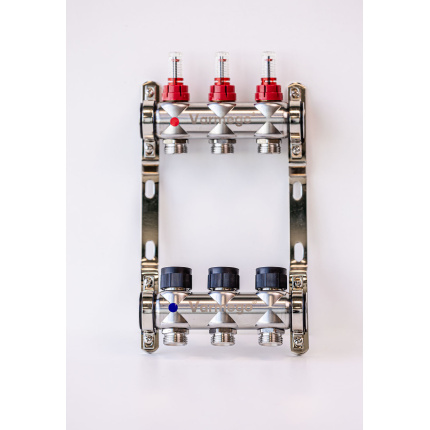 Varmego ® Razdelnik&Sabirnik INOX 304 BAMBOO-Priključak napajanja 1ˮ-Priključak razvoda 3/4ˮ [Merač protoka 0-5L/min+Termostataski ventil] Sa nosačem/3 grejna kruga