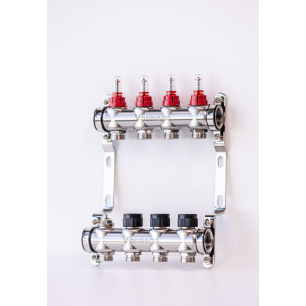 Varmego ® Razdelnik&Sabirnik INOX 304 BAMBOO-Priključak napajanja 1ˮ-Priključak razvoda 3/4ˮ [Merač protoka 0-5L/min+Termostataski ventil] Sa nosačem/4 grejna kruga