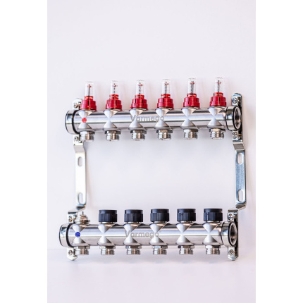 Varmego ® Razdelnik&Sabirnik INOX 304 BAMBOO-Priključak napajanja 1ˮ-Priključak razvoda 3/4ˮ [Merač protoka 0-5L/min+Termostataski ventil] Sa nosačem/6 grejna kruga