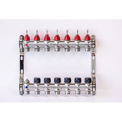 Varmego ® Razdelnik&Sabirnik INOX 304 BAMBOO-Priključak napajanja 1ˮ-Priključak razvoda 3/4ˮ [Merač protoka 0-5L/min+Termostataski ventil] Sa nosačem/7 grejna kruga