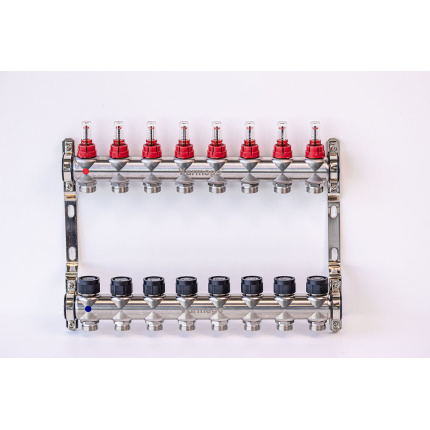 Varmego ® Razdelnik&Sabirnik INOX 304 BAMBOO-Priključak napajanja 1ˮ-Priključak razvoda 3/4ˮ [Merač protoka 0-5L/min+Termostataski ventil] Sa nosačem/8 grejna kruga