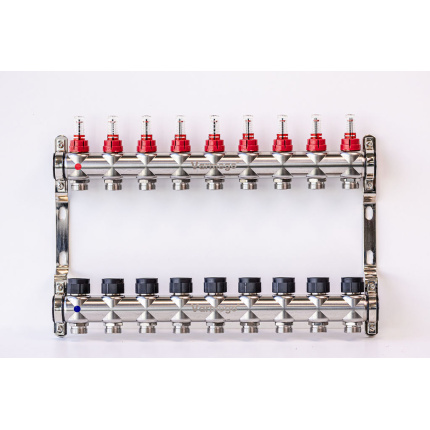 Varmego ® Razdelnik&Sabirnik INOX 304 BAMBOO-Priključak napajanja 1ˮ-Priključak razvoda 3/4ˮ [Merač protoka 0-5L/min+Termostataski ventil] Sa nosačem/9 grejna kruga