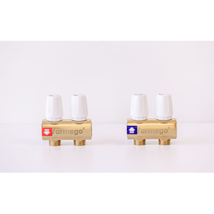 Varmego ® Razdelnik&Sabirnik MESING-Priključak napajanja 1ˮ-Priključak razvoda 3/4ˮ [Stop ventil+Stop ventil] Sa nosačem-2 grejna kruga