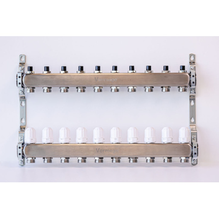 Varmego ® Razdelnik&Sabirnik INOX 304 FLAT-Priključak napajanja 1ˮ-Priključak razvoda 3/4ˮ [Stop ventil+Termostataski ventil] Sa nosačem-10 grejna kruga