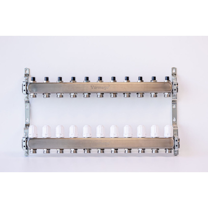 Varmego ® Razdelnik&Sabirnik INOX 304 FLAT-Priključak napajanja 1ˮ-Priključak razvoda 3/4ˮ [Stop ventil+Termostataski ventil] Sa nosačem-11 grejna kruga