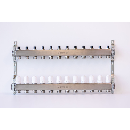 Varmego ® Razdelnik&Sabirnik INOX 304 FLAT-Priključak napajanja 1ˮ-Priključak razvoda 3/4ˮ [Stop ventil+Termostataski ventil] Sa nosačem-12 grejna kruga