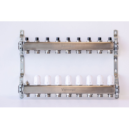 Varmego ® Razdelnik&Sabirnik INOX 304 FLAT-Priključak napajanja 1ˮ-Priključak razvoda 3/4ˮ [Stop ventil+Termostataski ventil] Sa nosačem-9 grejna kruga